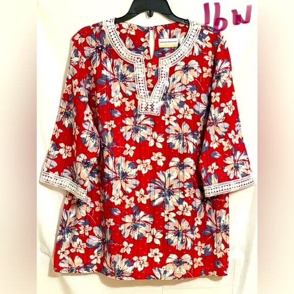 Alfred Dunner Tops - LADIES RED TOP WITH BLUE & WHITE FLOWERS